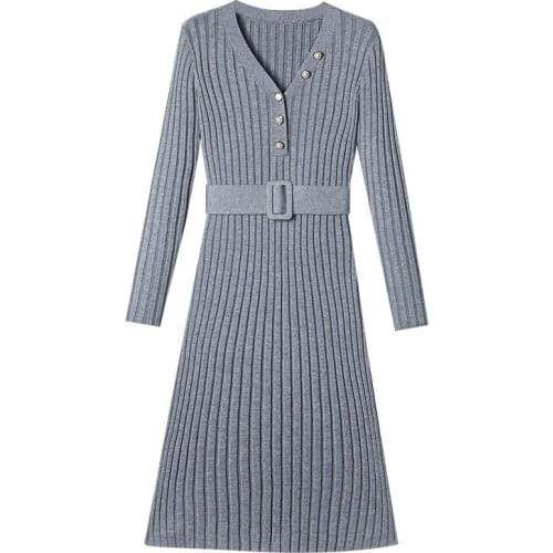 Fall New V-neck Long Sleeve Belt Solid Dress Women Button Deco Slim Temperament Sweater Dress Sweet Pink Ribbing Knitted Dresses