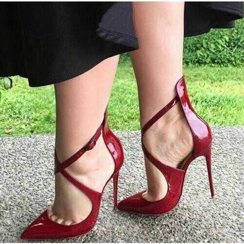 Sexy Wine Red Patent Leather Wedding Shoes Bride Pointed Toe Stiletto Pumps Women Shoes Sexy Ankle Strap Party Dress Heels