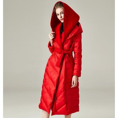 Autumn Winter Women Down Jacket Fashion Splicing Large Long White Duck Down Female Hooded Thickened Coat Outwear with Belt 2020