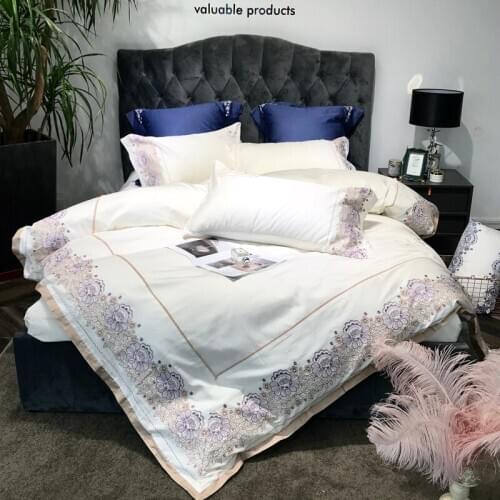 Luxury 120S Egyptian cotton Embroidery Royal Bedding sets Queen King Wedding Duvet cover Bed sheet set Pillowcases 4/6pcs white