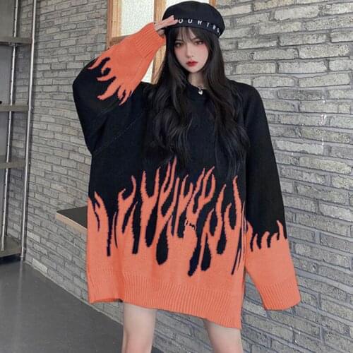 Womens O Neck Sweater 2021 Autumn New Sweater Female Hip-Hop Style Flame Jacquard Couple Pullover Knit Top Loose Mens Sweaters