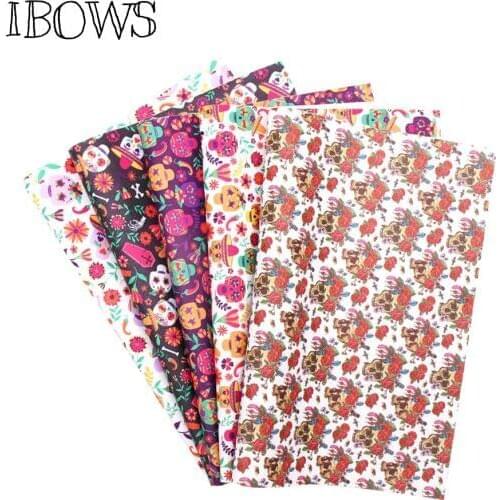 IBOWS Haloween Snythetic Leather Fabric Sheet Flower Skull Faux Leather Vinyl Fabric for DIY Hairbow Bags Crafts Bow Material A4