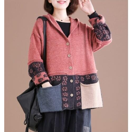 Spring Autumn Fashion Brand Korea Style Vintage Patchwork Contrast Color Long Sleeve Slim Fit Hooded Knitting Pockets Sweater