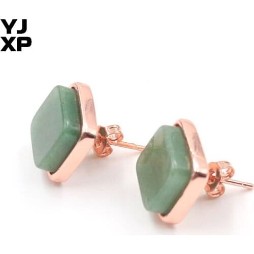 YJXP Rose Gold Color Square Shape Green Aventurine Stud Earrings For Women Jewelry