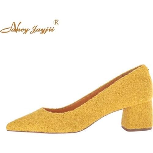 Yellow Shoes Boat Pumps Med Block Heels Pointed Toe Wrapped Square Heels Spring Career Fashion Women Shoes 2019 NANCYJAYJII