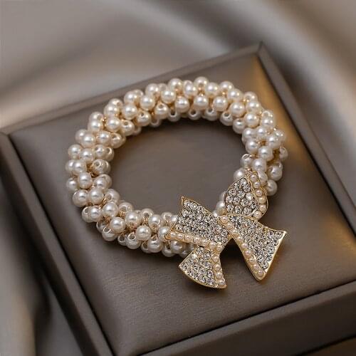 Pearl Rhinestone Bowknot Hair Rope Headwear for Women Simplicity Elegant Hair Jewelry Korean Trendy Female Elastic Hair Ties