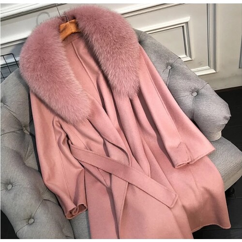 2020 Real Fur Coat Winter Jacket Women Natural Fox Fur Collar Cashmere Wool Blends Long Outerwear Belt Ladies Streetwear