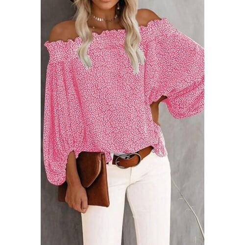 Autumn 2021 Sexy One-Line Neck Strapless Long-Sleeve Chiffon Shirt Women New Fashion Print Lantern Sleeve Loose Top Lady Clothes