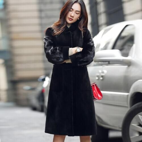 Genuine Fur Coat Women Winter Warm Thick Sheep Shearing Fur Coat Real Mink Hair Sleeves Plus Size Jacket OT3732 MF532
