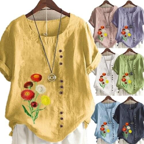 New Womens Fashion Summer Floral Print Round Neck Short Sleeve T-shirt Casual Loose Solid Color Shirt Top Plus Size