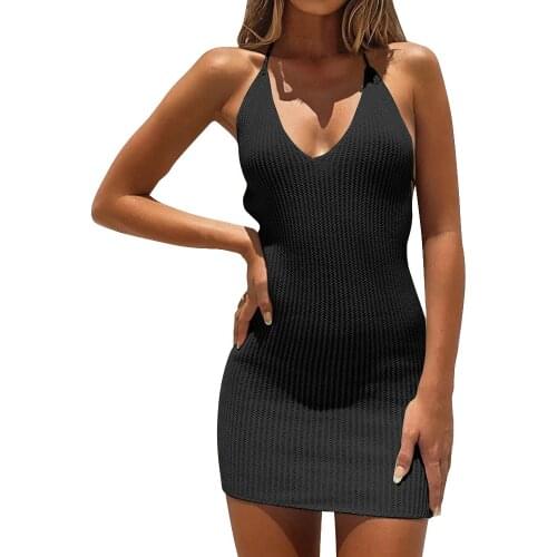 Women Summer Black Mini Dresses Hollow Out Bandage Halter Sleeveless Backless Pencil Dress For Woman Robe Femme Vestido De Mujer