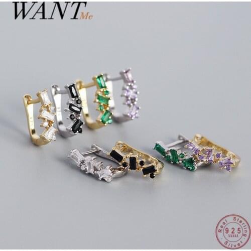 WANTME 925 Sterling Silver Bohemian Square Rainbow Zircon U-shaped Punk Stud Earrings Women Piercing Climber European Jewelry