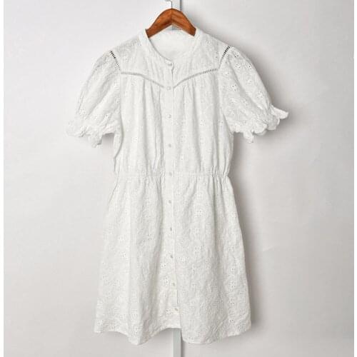 Women Sweet Hollow Out Mini Dress 2021 New Elastic Waist Short Ruff Sleeve Lace O-Neck Single-Breasted Robe