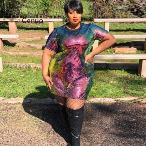 Plus Size t Shirt Dress Women 4Xl 5Xl Oversized Tshirt Sequin Glitter Dress Sukienka Cekiny Robe Paillette Vestido Lentejuelas