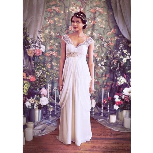 Latest Style Floor Length V-Neck Cap Sleeve Ruffles Beaded Crystal Elegant Lace Chiffon Beach 2018 mother of the bride dresses