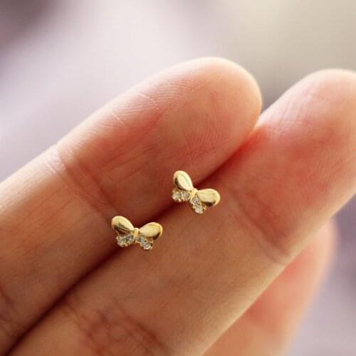 9k butterfly Crystal solid gold earring stud Mini Dainty minimalist simple minimal styles jewelry Kids Cute Girls