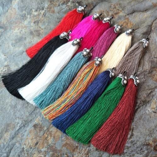 10pcs Colorful silk Tassel Pendant Crystal Rhinestone Paved Cap,Pearl Charm Pendants For DIY necklace Women Jewelry Making P639