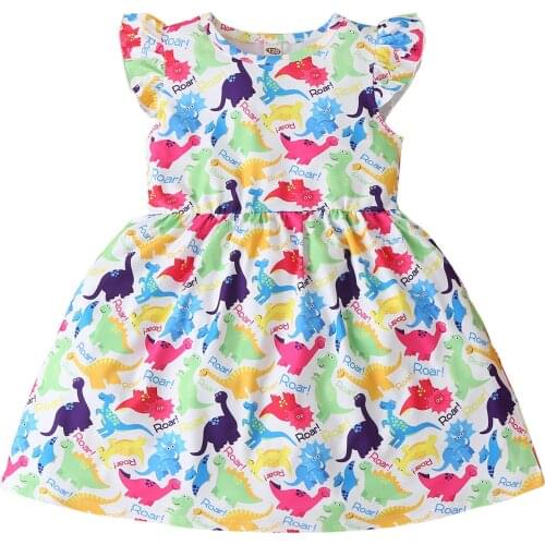 2021 Summer Kids Baby Girl Dress Cartoon Dinosaur Printed Casual Dresses For Girl Casual Princess Dress Toddler Children Clothes
