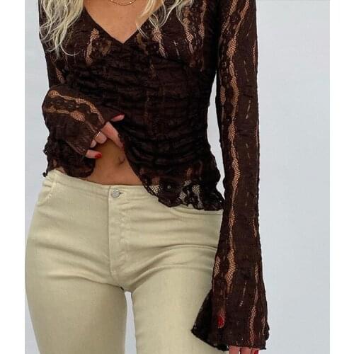 2021 Y2k Brown See Through Tops Lace Sexy V Neck Cropped Tees Flared Indie Fall New Aesthetics Transparent Long Sleeve T-shirt