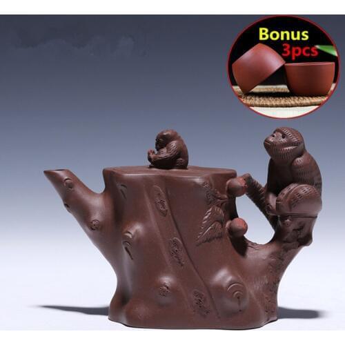 340ml ZiSha creative Monkey Tea Pot Set Chinese Handmade Tea Pot Kettle Yixing Purple Clay Teapot Bonus 3 Tea Cups with Gift Box