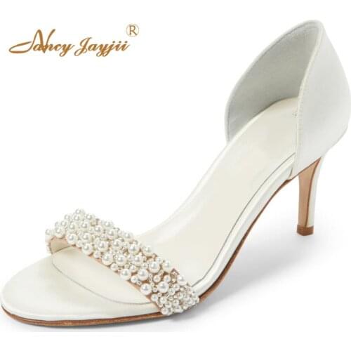 White Pearl Wedding Shoes Woman Large Size 11 13 Princess Med Stiletto Soft Leather Slip On Open Toe Beautyfeet Heels Elegant