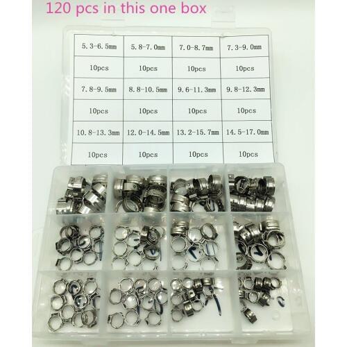 Free shipping Pipe Clamp High Quality 120 PCS Stainless Steel 304 Single Ear Hose Clamps Assortment Kit Single with box