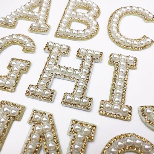 Letters A-Z Pearl Yellow Diamond Embroidery Patches Iron on Patch for Clothing Embroidered Badge Rhinestone DIY Appliques Acces