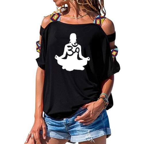 Womens Short sleeve Om Aum Silhouette print T-shirt Summer Fashion clothing t shirt womens Sexy Hollow Out Shoulder shirt