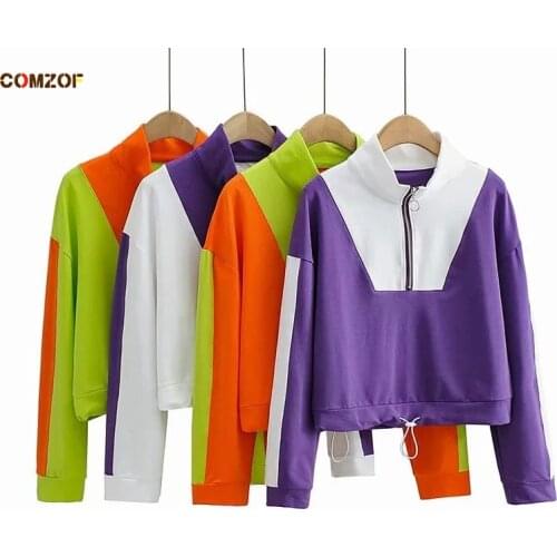 Korean Fashion Women Hoodies Long Sleeve Zipper Half Patchwork INS Loose Short Sweatshirt Autumn Tops Clothes Moletom Feminino