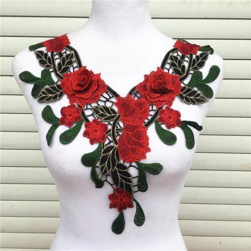 1pc 3D Red Embroidery Colorful Flower And Leaf Lace Collar Fabric, DIY Handmade Collar Lace Clothing For Sewing Collar Crafts