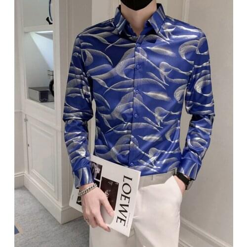 2021 Vintage Printed Mens Shirt Autumn Long Sleeve Slim Streetwear Casual Shirts Business Formal Dress Tops Social Party Tuxedo