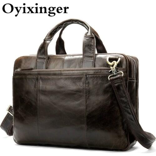 OYIXINGER Luxury Men Laptop Briefcase Mens Genuine Leather Shoulder Bag For A4 Document Cowhide Laptop Bag For 14" ASUS Hp Dell