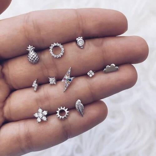 11 Pcs/Set Fashion Pineapple Sun Lightning Flower Leaves Crystal Silver Color Earring Set Women Exquisite Clothing Jewelry
