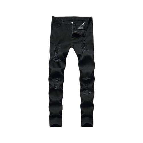 New style European and American mens skinny jeans black color broken hole pants mens ripped jeans