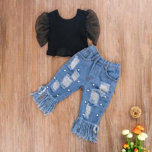 The Latest Girls Casual Fashion Two-Piece Suit Black Round Neck Puff Sleeve T-Shirt + Long Jeans Blue/White 0-5 Years Old