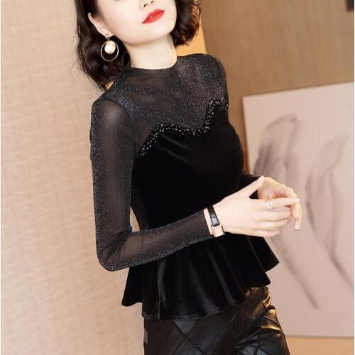 Transparent Mesh Long-sleeved Women Shirt Elegant Sequined Velour Peplum Tops Plus Size Slim Sexy Blusa Chemise Ruffle Blouse