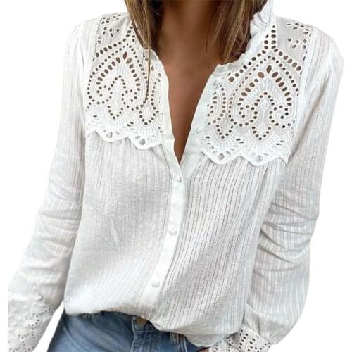 Dropshipping!! O Neck Button Shirt Loose Patchwork Lace Stripe Long Sleeve Blouse Women Top