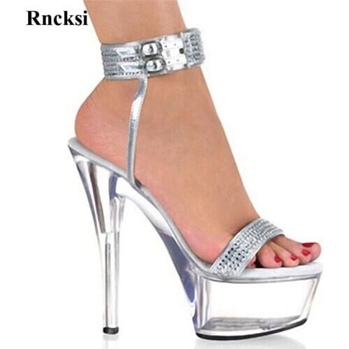 Rncksi Silver Crystal Ankle Strap 15CM Sexy Super High Heel Platforms Pole Dance / Performance / Star / Model Shoes, Wedding San