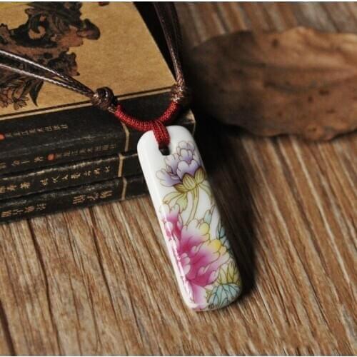 Fashion Charm Ceramics Muticolor Peony Flower Pendant National Style Necklace Original Design Hand Knitted Amulet Jewelry Gifts