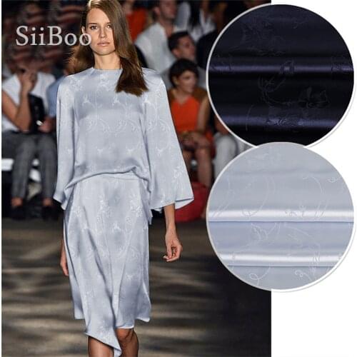 Silvergrey navy floral jacquard 100% pure silk fabric for dress shirts 16.5 mm silk satin fabric tejido tela for sewing SP3573