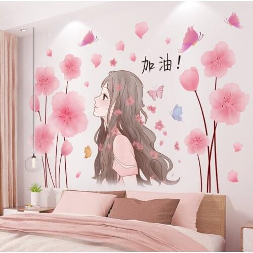 [SHIJUEHEZI] Pink Flowers Plants Wall Stickers DIY Girl Wall Decals for Living Room Bedroom Kitchen Nursery Home Decoration