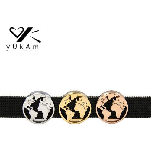 YUKAM Sliders Spacers Silver Color Earth Globe Travel World Map Slide Charms Keeper for Mesh Bracelet Jewelry Accessories Making