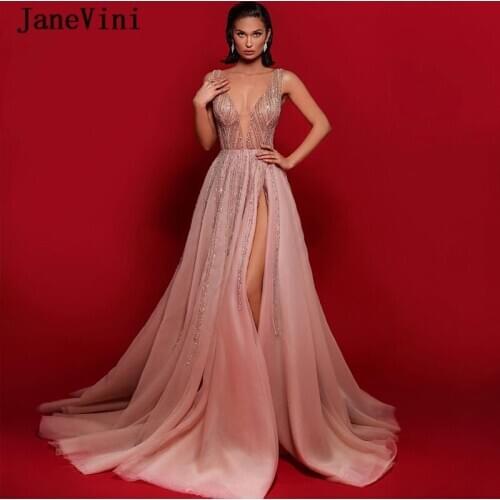 JaneVini Sexy Dubai Design V Neck Long Prom Dresses A Line Sleeveless Luxury Beaded High Split Blush Pink Tulle Party Dress 2020