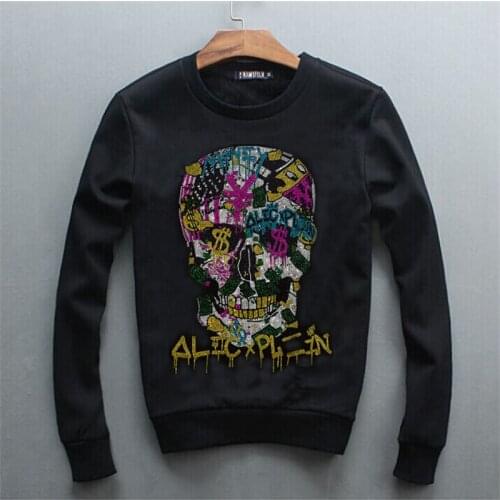 Rhinestones Sweatshirt 2021 Hoodies Men Long Sleeve Casual Loose Black Color Round Neck Sports Pullover