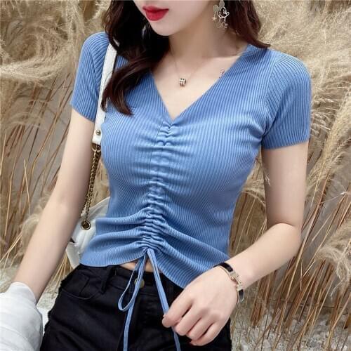 2020 Summer New Women V-Neck Collar Knitting Sweater Drawstring Slim Skinny Thin Sweater Solid color Short Sleeve Pullovers Tops