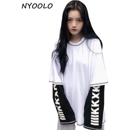 NYOOLO Harajuku Vintage Streetwear Letters Print Fake 2 Pieces Patchwork Long Sleeve Goth T-Shirt Women Men Clothes Hip Hop Tops