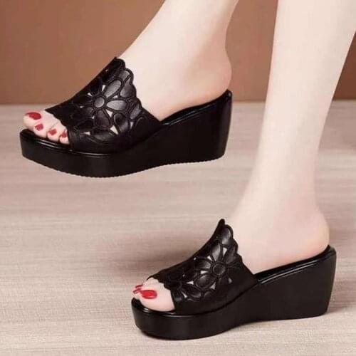 Womens Wedges Heels Sandals PU Leather Fashion Platform Ladies Peep Toe Slippers Flower Women Shoe Female Footwear 2021 New