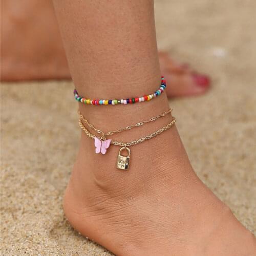 Bohemian Color Multilayer Anklet Women Mixed Butterfly Lock Pendant Summer Beach Casual Jewelry Friendship Gift