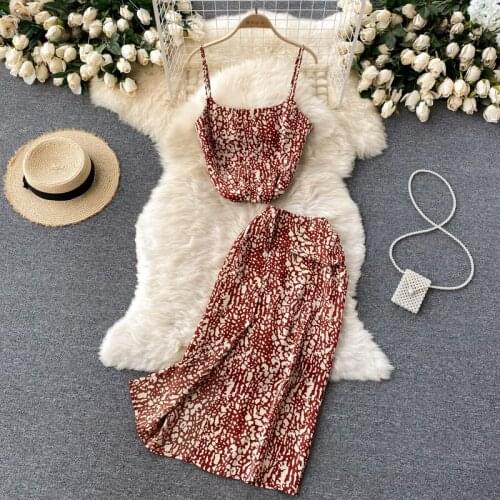 Women Two Piece Set 2021 Summer Sexy Floral Print Camis Top and High Waist Split Midi Skirt Suits Casual Female Clothing Sets