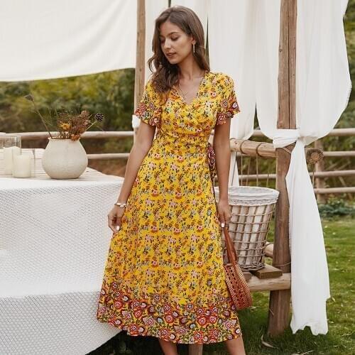 Summer Vintage Yellow Floral Print V-neck Sashes Long Dress 2020Women Short Sleeve Boho Cotton Casual Slim Holiday Maxi Dresses